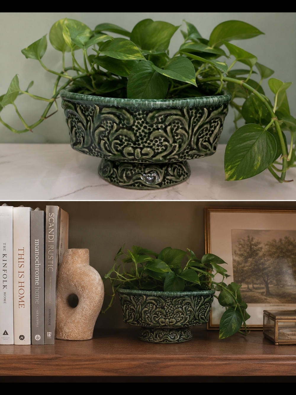 Vintage Handmade Green Embossed Ceramic Planter Bowl Pottery - Home Art
